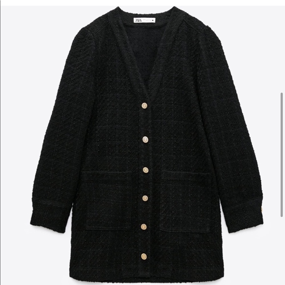 Tweed black mini dress with gold buttons